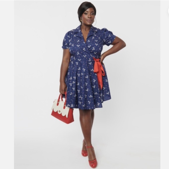 UNIQUE VINTAGE Retro Holiday Party Christmas Dog + Cand Canes Wrap Dress - Picture 1 of 10